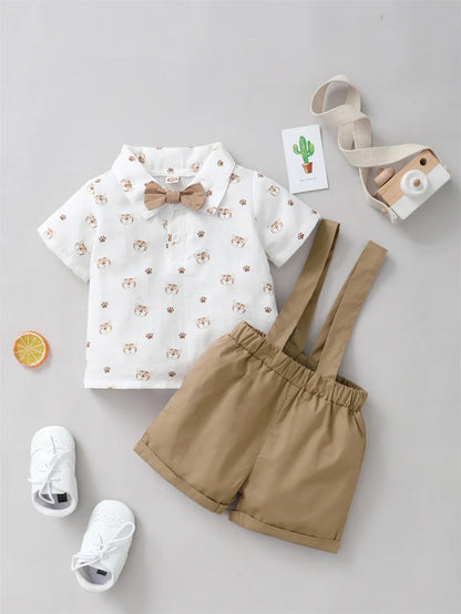 Infant Boy Outfit – Tiger Print Short Sleeve Shirt & Strap Shorts with Bow, Casual Birthday Party Suit (0-2 Years)