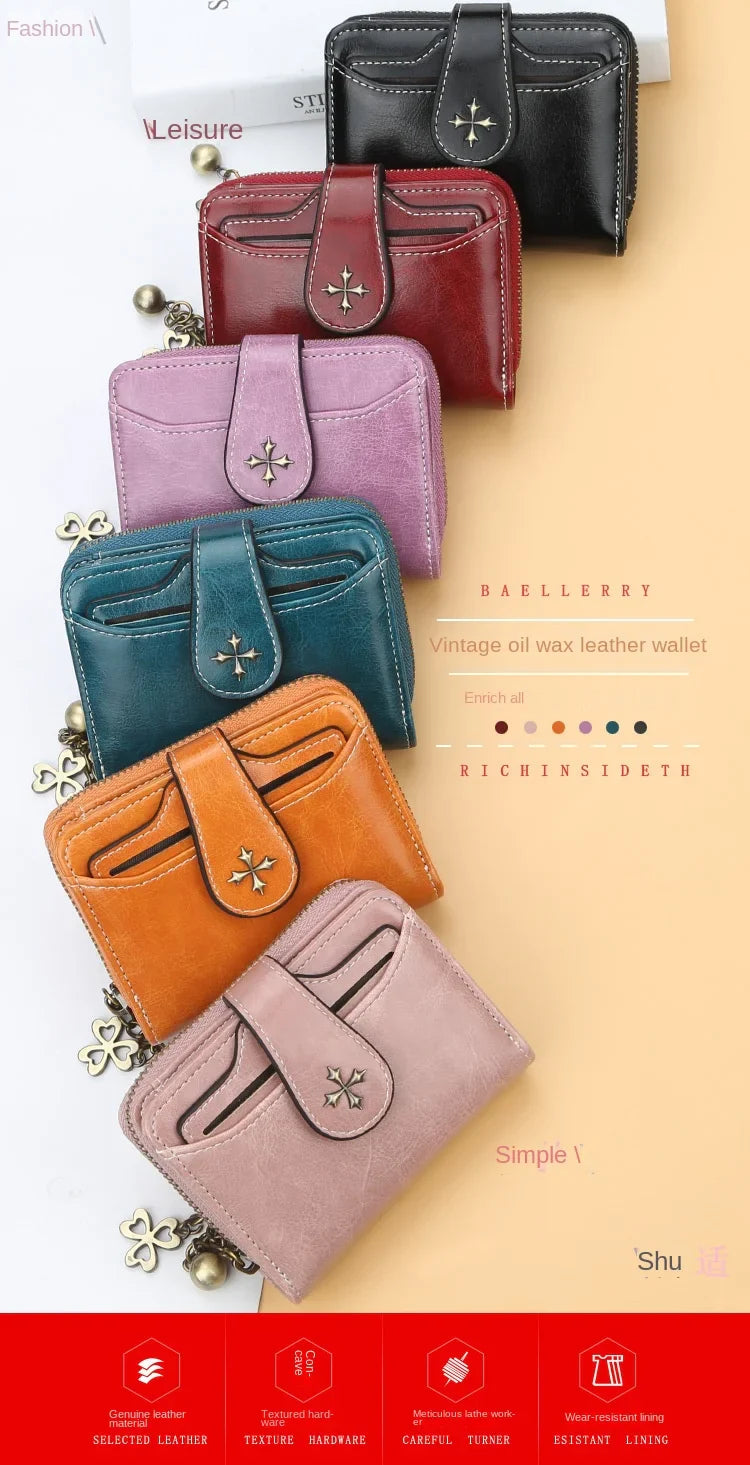Women’s PU Leather Wallet — Short Hasp Coin & Card Holder, Small Money Bag Clutch in Blue & Red