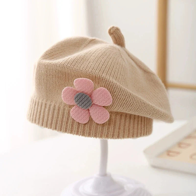 Flower Baby Beret Hat – Winter Warm Knitted Beanie for Infant & Toddler Girls, Korean Princess Artist Painter Cap Solid Color