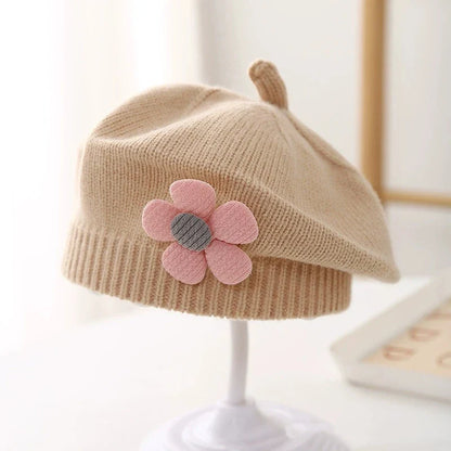 Flower Baby Beret Hat – Winter Warm Knitted Beanie for Infant & Toddler Girls, Korean Princess Artist Painter Cap Solid Color