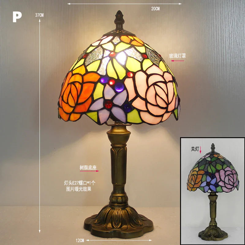 Retro Stained Glass Table Lamp – Colorful E27 Art Lampshade, Mediterranean Baroque Style Bedside Bedroom Décor Light