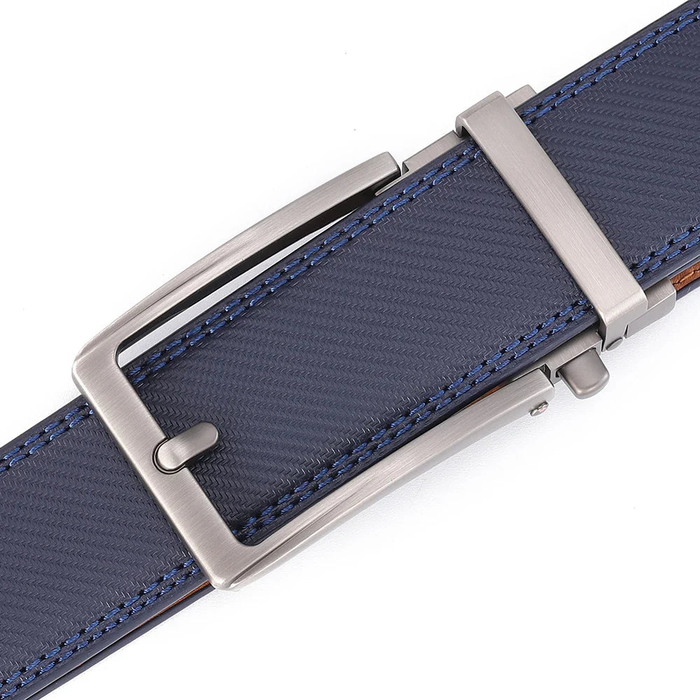 Men’s Luxury Leather Click Belt – Automatic Buckle Designer Waist Strap for Jeans (Blue, 3.5cm)
