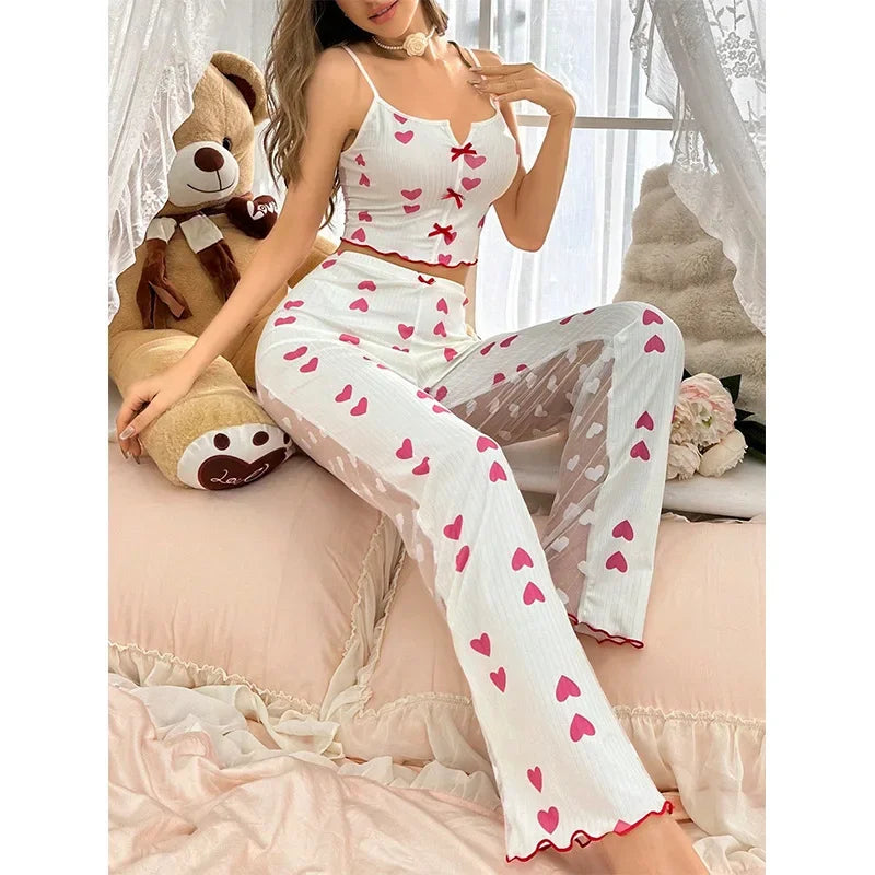 2-Piece Women’s Sexy Mesh Lace Pajama Set – Transparent Ribbed Strap Top & Pants Lounge Sleepwear