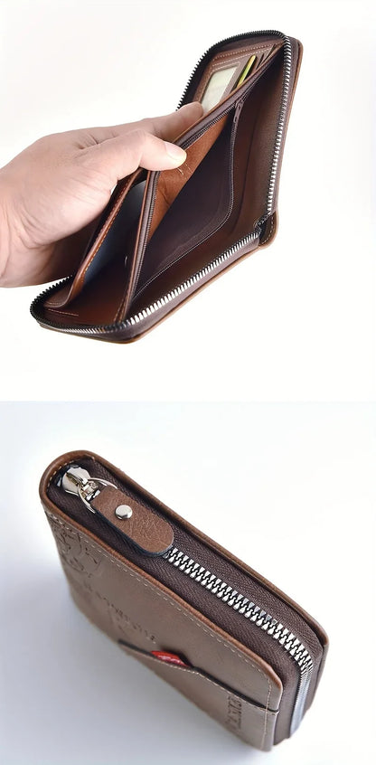 Men’s PU Leather Wallet – Wax Oil Skin Short Purse with Zipper, Coin Pocket & Card Holder