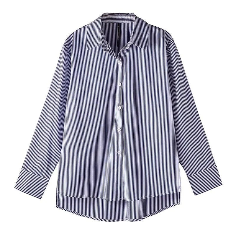 Classic Striped Women’s Blouse — Spring & Autumn Long Lantern Sleeve Shirt with Stand Collar