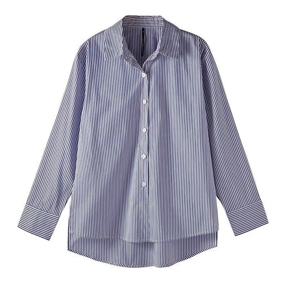 Classic Striped Women’s Blouse — Spring & Autumn Long Lantern Sleeve Shirt with Stand Collar