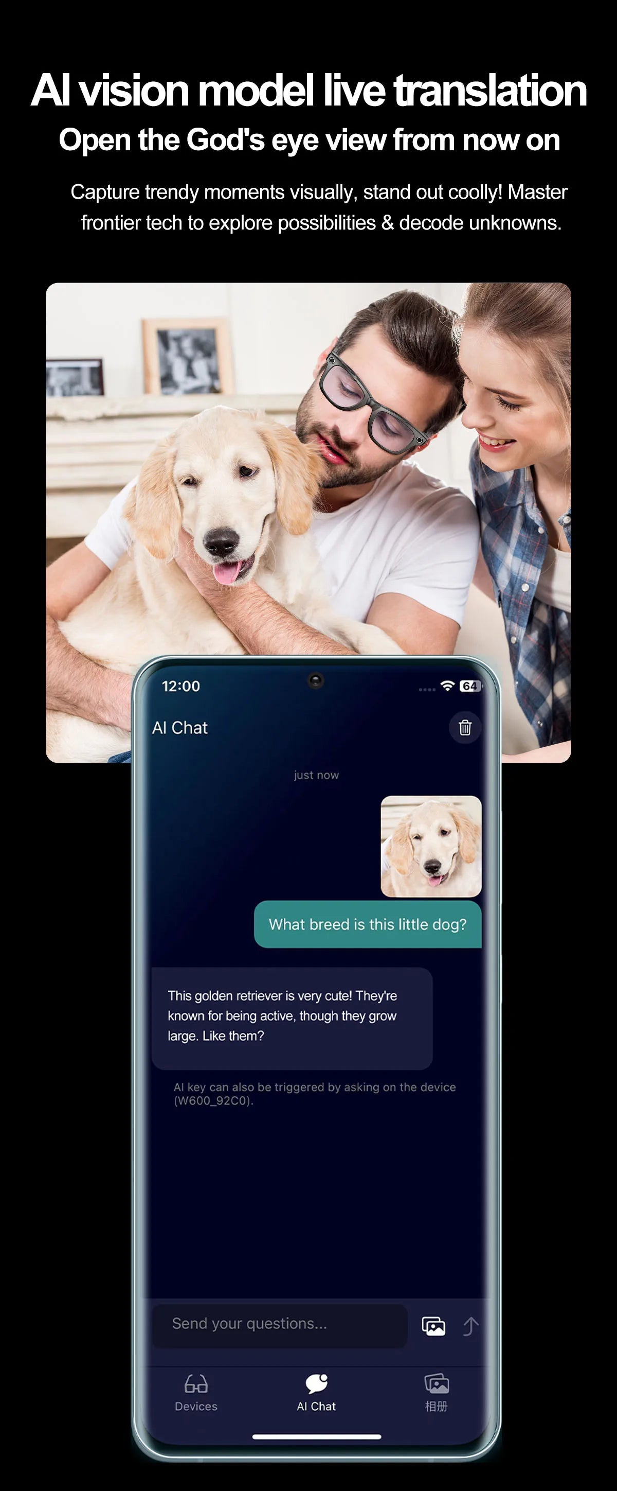 Smart AI Glasses — Video Recording, Photo Recognition, Translation, Bluetooth with 260mAh Battery, IP65 Waterproof