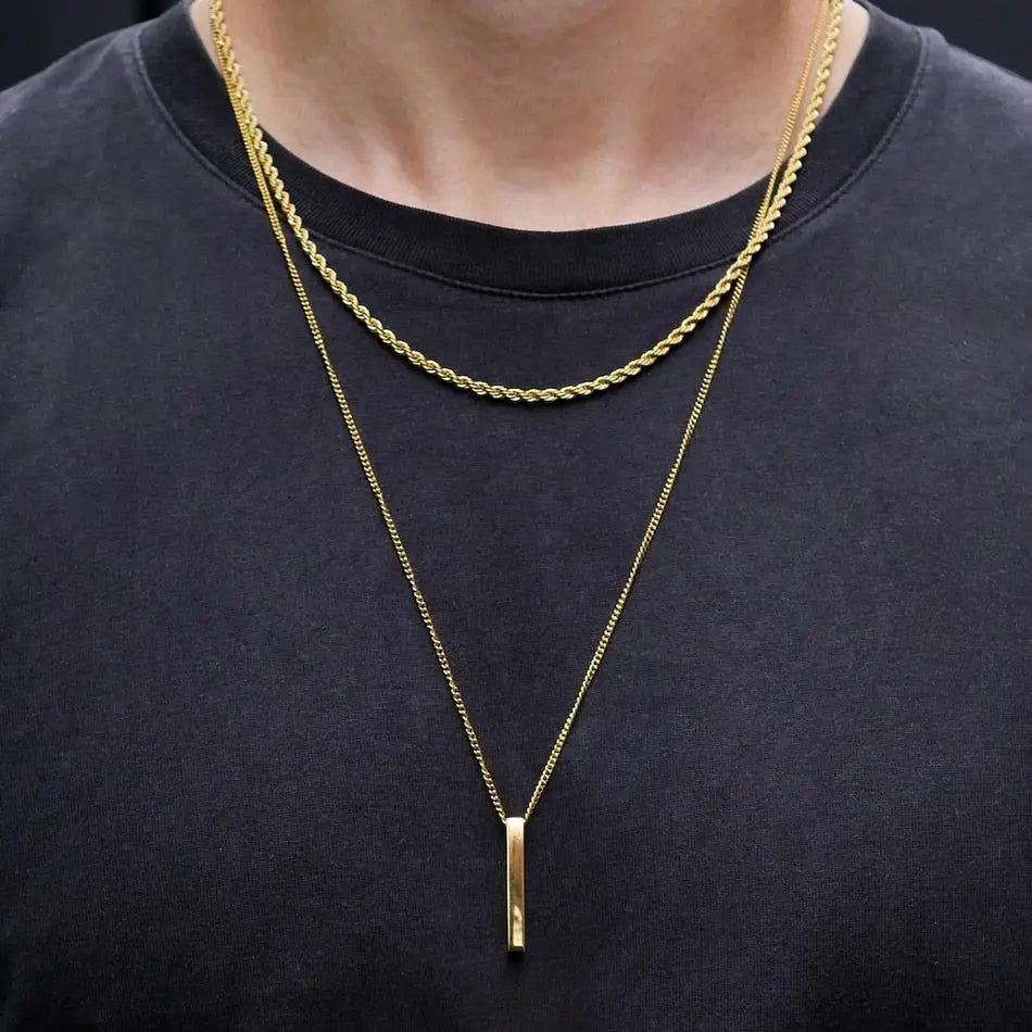 Vnox 3D Vertical Bar Necklace for Men – Layering Stainless Steel Geometric Pendant with Layered Wheat Rope Cuban Chain – Stylish Boy Collar