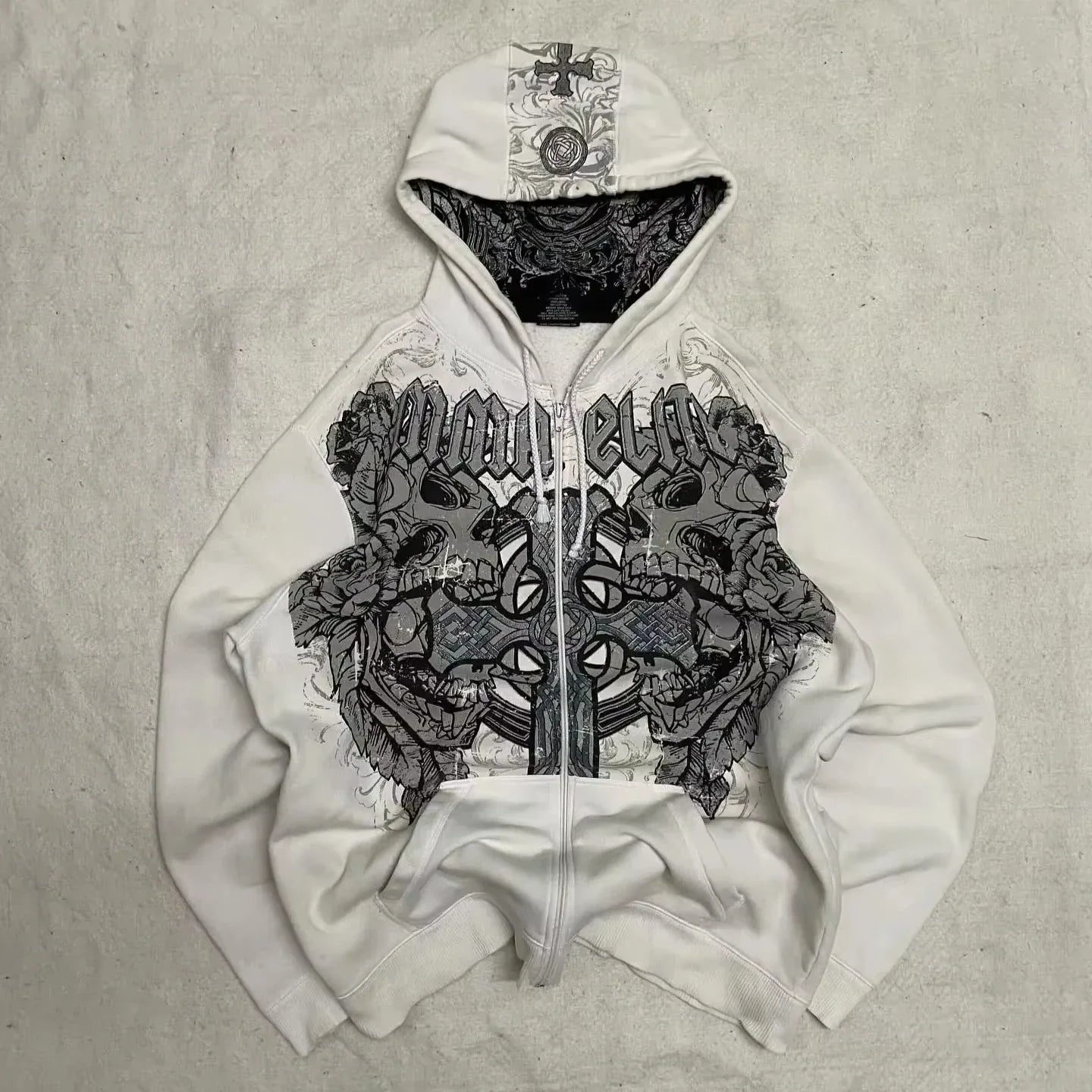 Y2K Harajuku Skull Embroidered Padded Coat - Vintage Hip Hop Faux Fur Collar Casual Couple Jacket