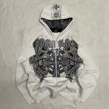 Y2K Harajuku Skull Embroidered Padded Coat - Vintage Hip Hop Faux Fur Collar Casual Couple Jacket