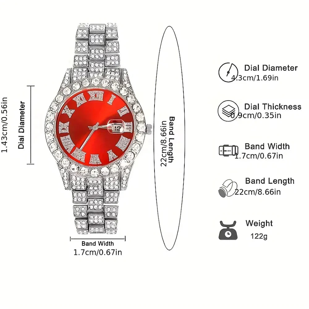 3pcs Men’s Cuban Chain Watch & Jewelry Set – Hip Hop Miami Curb Iced Out Rhinestone Necklace, Suit Watch & Bracelet