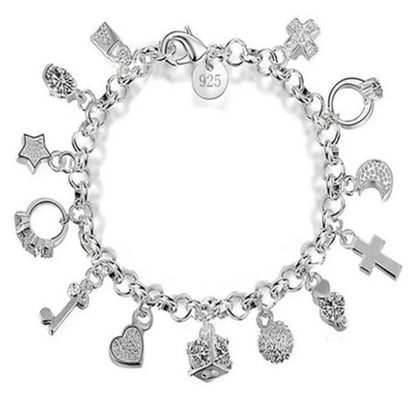 925 Sterling Silver 13-Piece Charm Bracelet – Fashion Pendant Chain Jewelry for Women & Teens