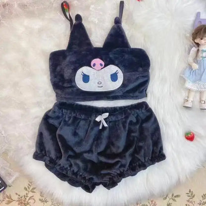 Sanrio Kuromi & My Melody Flannel Pajamas — Cartoon Suspender Shorts Set for Girls