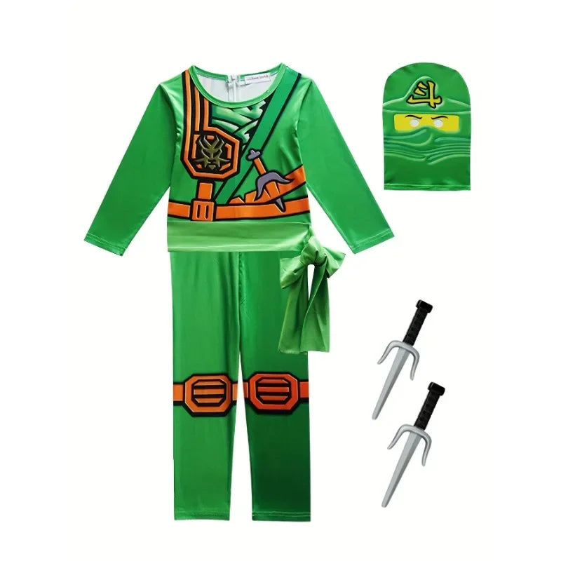 Boys Japanese Ninja Onesie Costume – Printed Green Cartoon Anime Mask, Samurai Fork, Halloween Dress Up & Party Outfit