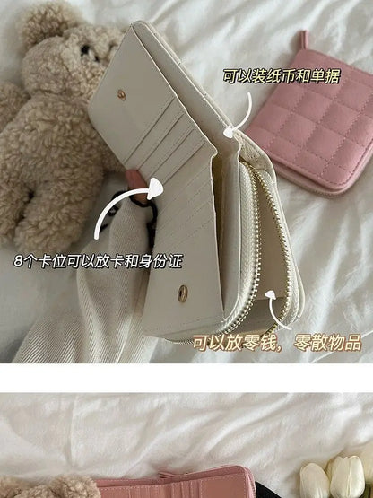 Women’s Small PU Leather Zipper Wallet with Coin Purse – Cute Plaid Mini Korean Card Holder, New Arrival