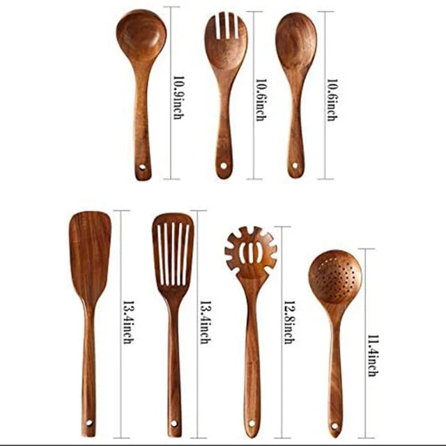 1–10PCS Teak Wooden Cooking Spoons – Smooth Non-Stick Wooden Utensils Set for Kitchen Cooking