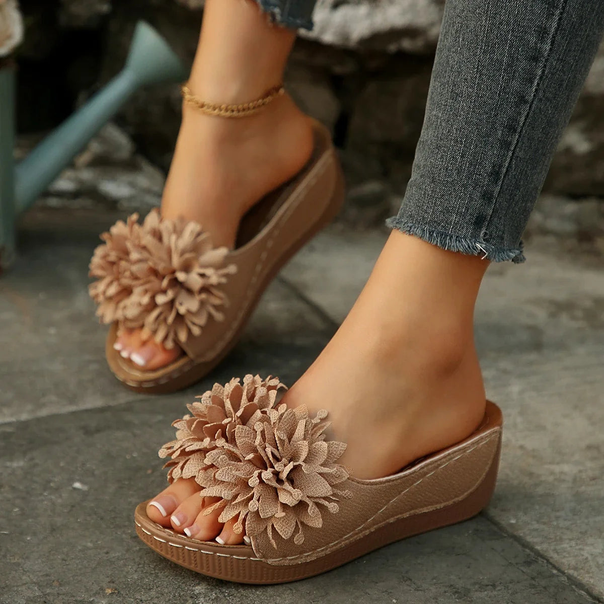 Women's Flower Wedge Sandals - Breathable Open-Toe Slip-On Summer Shoes