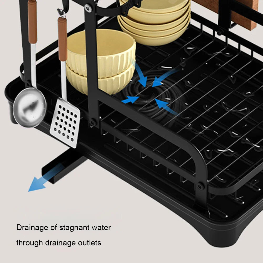2 Tier Dish Drying Rack with Drain Basket - Kitchen Countertop Dinnerware Organizer | Dish & Bowl Drainer Storage Rack with Drainboard