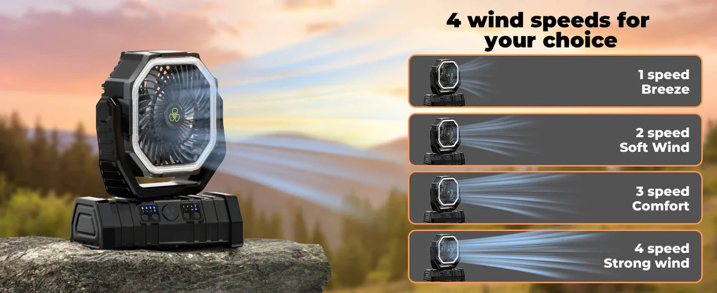20000mAh Portable Camping Fan — Rechargeable Battery-Powered Outdoor Tent Fan with LED Light, Hanging Hook & 4-Speed Wind