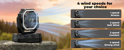 20000mAh Portable Camping Fan — Rechargeable Battery-Powered Outdoor Tent Fan with LED Light, Hanging Hook & 4-Speed Wind