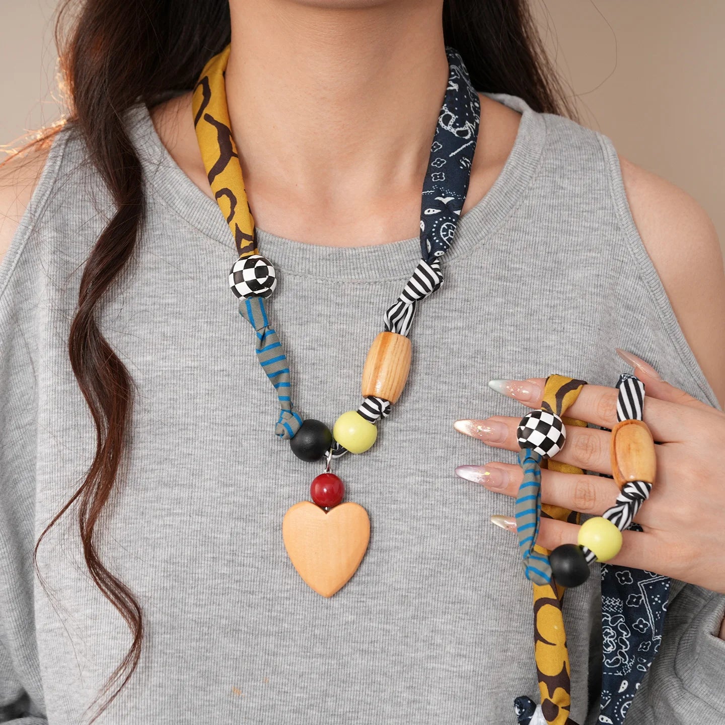 Printed Fabric Choker Necklace - Ethnic Heart Pendant Acrylic Wood Bead Charm Jewelry for Women