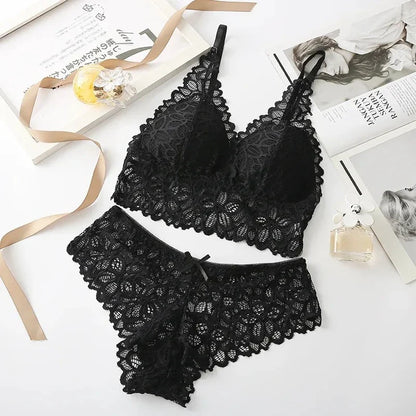 Sexy Lace Lingerie Set – Seamless Wire-Free Bra & Panty with Embroidery Hollow-Out Design