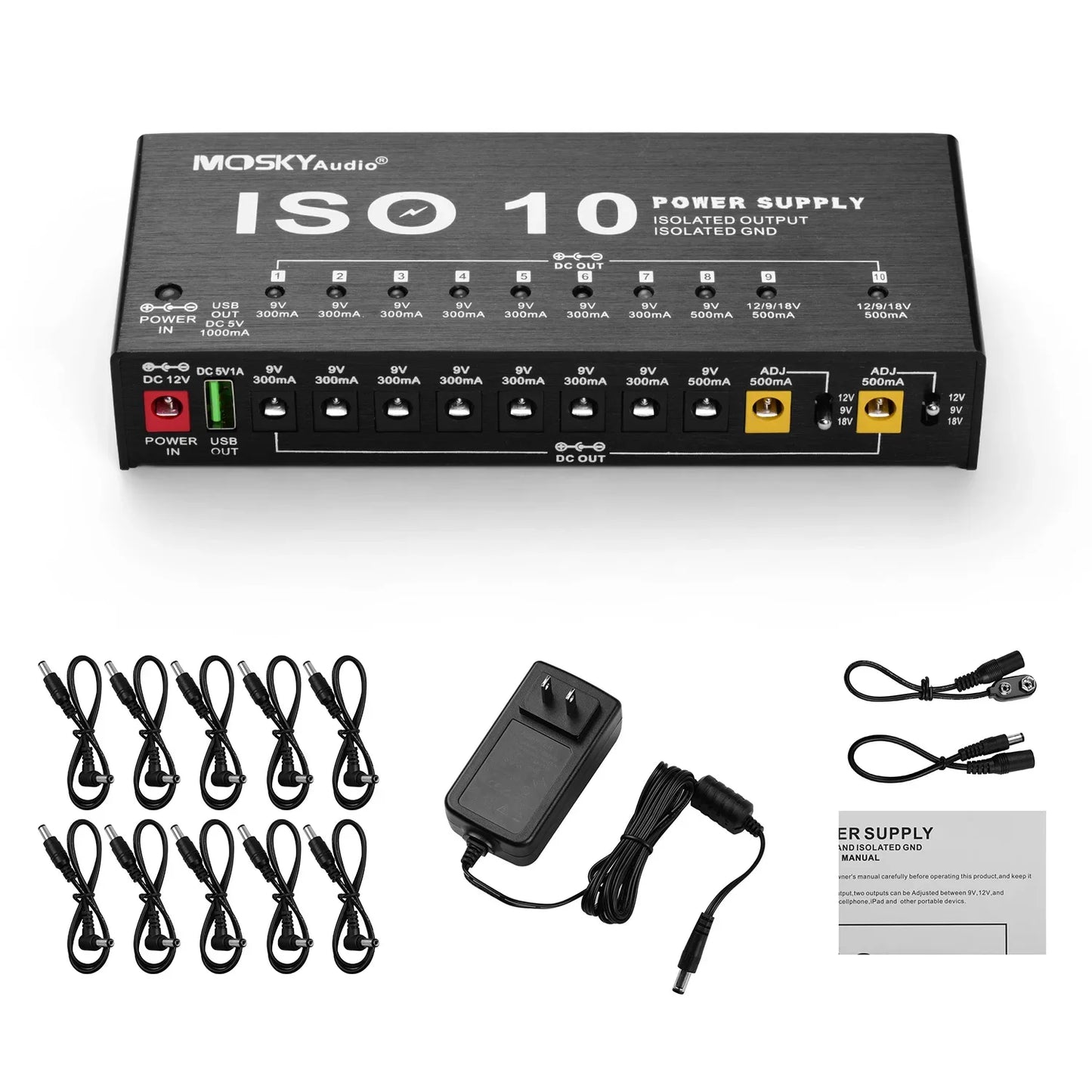 MOSKY ISO 10 Guitar Effect Pedal Power Supply – 10 Isolated DC Outputs, 5V USB Output, 9V 12V 18V Protection for Guitar Accessories