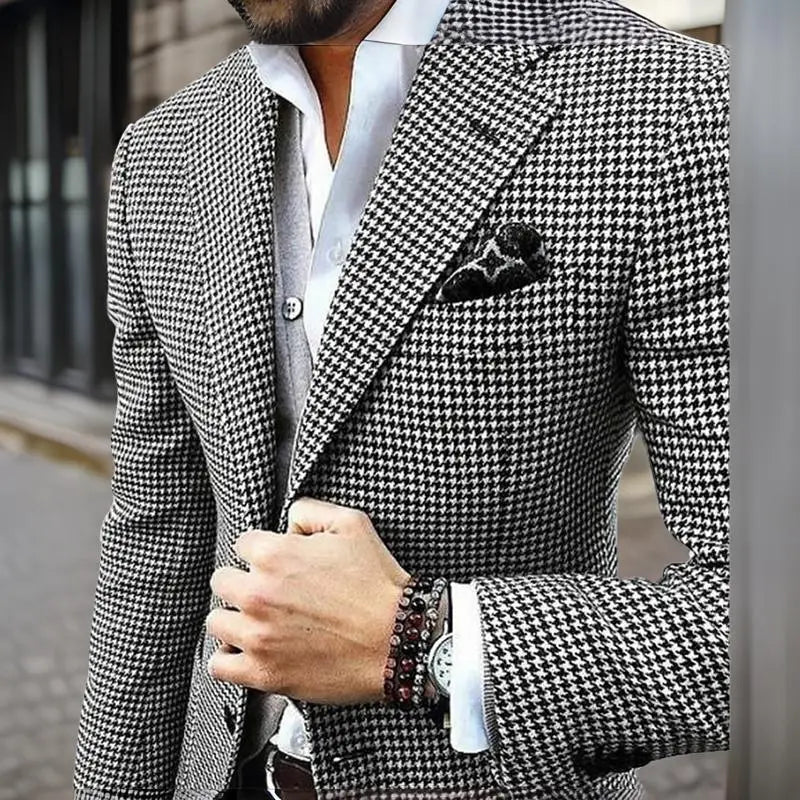 Men’s Slim Fit Houndstooth Blazer — Italian Style Casual Suit Jacket, Notched Lapel Check Coat for Wedding, Prom & Party 2024