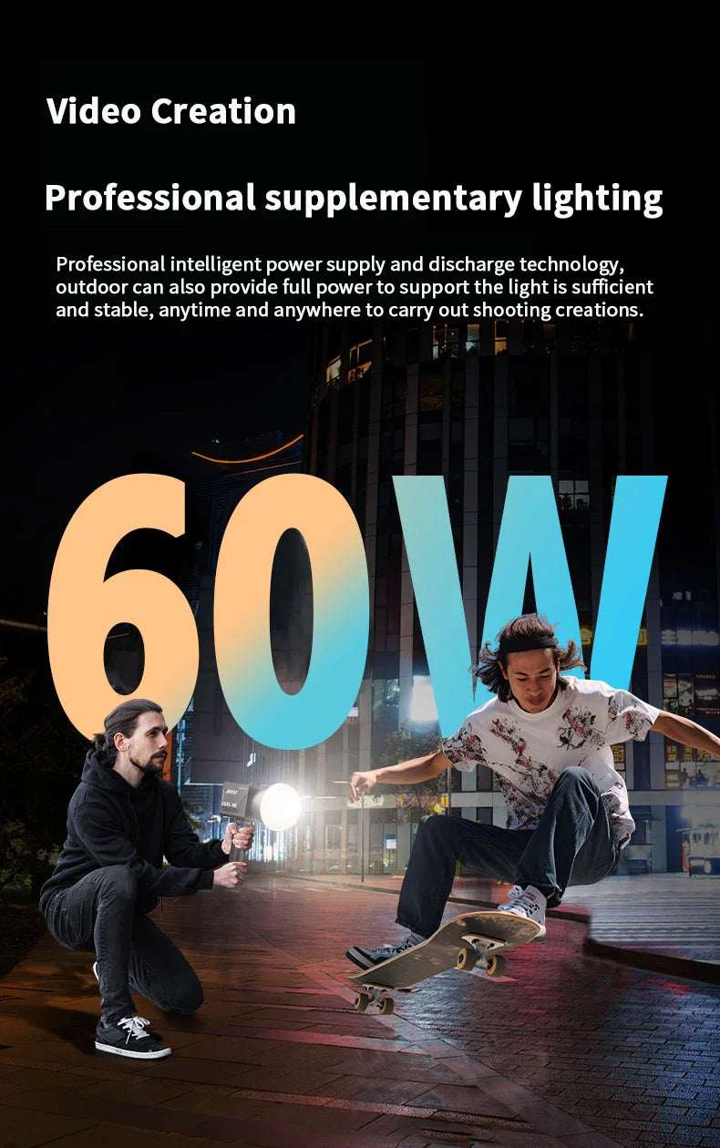60W Pro Portable LED Video Light – COB Bi-Color Photography Light (2800K-7500K) for Livestreaming, Handheld Outdoor Shooting