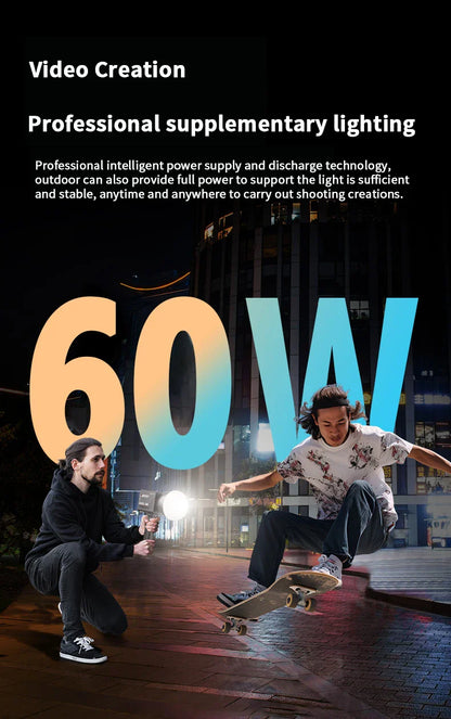 60W Pro Portable LED Video Light – COB Bi-Color Photography Light (2800K-7500K) for Livestreaming, Handheld Outdoor Shooting