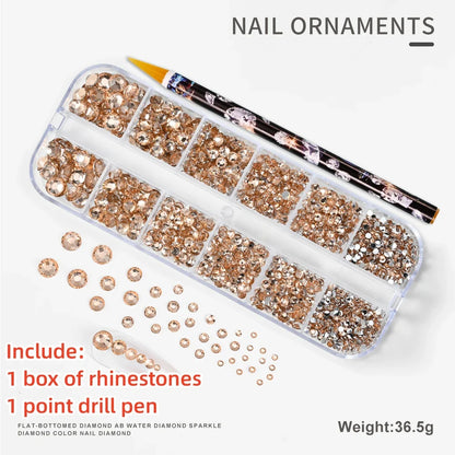 12-Grid 3D Glass AB Crystal Nail Art Rhinestones Kit – Flatback Round Beads with Tools for Nail Jewelry & Diamond Decoration