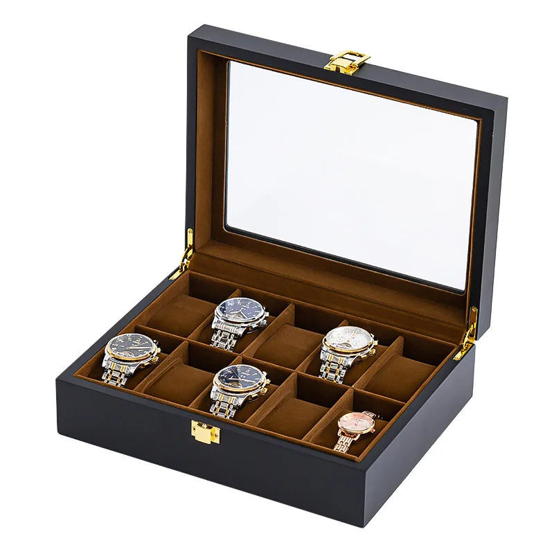 Handmade Wood Watch Box — 6/10/12 Grid Display Case & Jewelry Holder, Organizer for Watches Storage