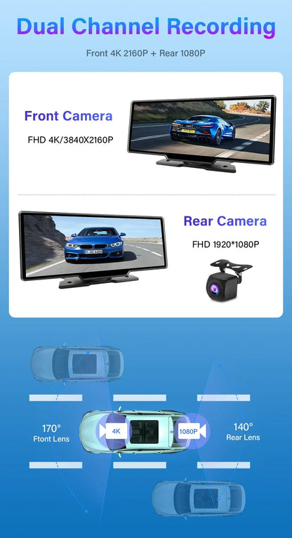 Srnubi 10.26 Inch Dash Cam Rearview Mirror - CarPlay & Android Auto DVR with GPS Navigation, Video Dashboard Monitor