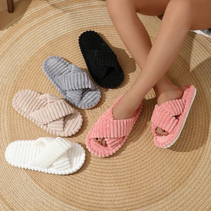 Women’s Corduroy Cross Band Home Slippers – Soft Plush Indoor Bedroom Slides for Spring & Autumn Comfort Wear