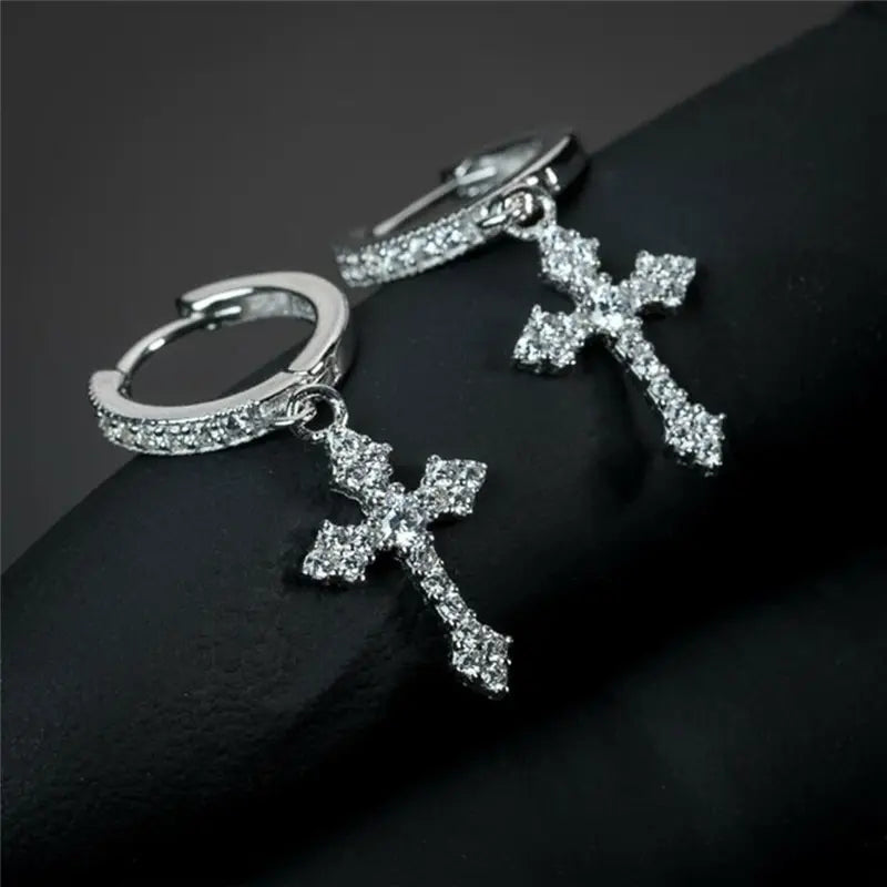 Classic Cross Crystal Earrings - Replaceable White Point-Drill Hip-Hop Party Jewelry for Women & Men
