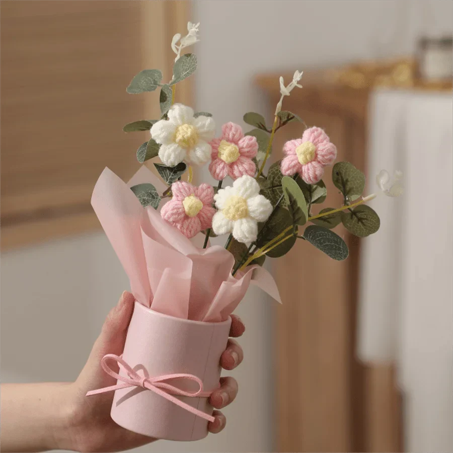 Handmade Crochet Wool Flower Bouquet – Artificial Yarn Flowers for Home Decor & Valentine’s Day Gift