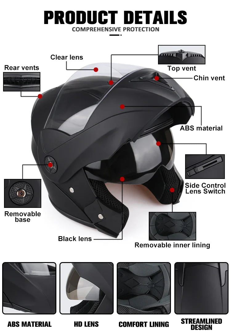 New Full Face Motorcycle Helmet – Racing Helmet with Double Sun Visor & Flip-Up Double Lens for Men & Women, DOT Certified