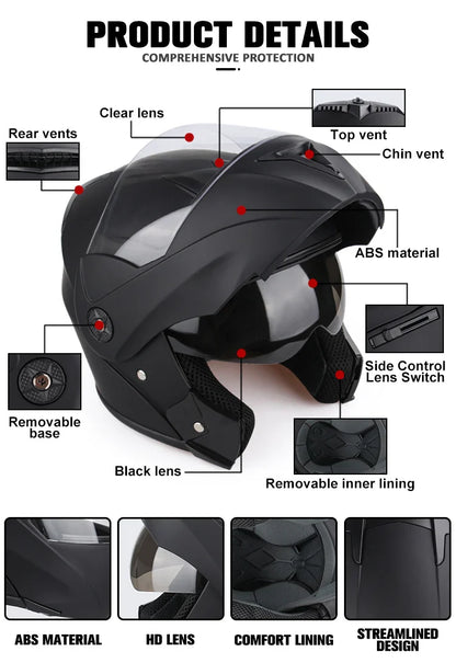 New Full Face Motorcycle Helmet – Racing Helmet with Double Sun Visor & Flip-Up Double Lens for Men & Women, DOT Certified