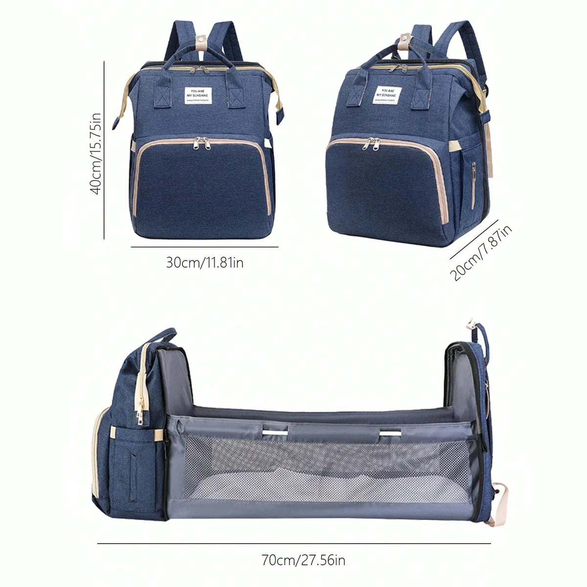 Foldable Diaper Bag with Changing Station – Large Capacity Mommy Backpack with Insulated Pocket, Multifunctional Baby Travel Bag with Bed & Double Shoulder Straps