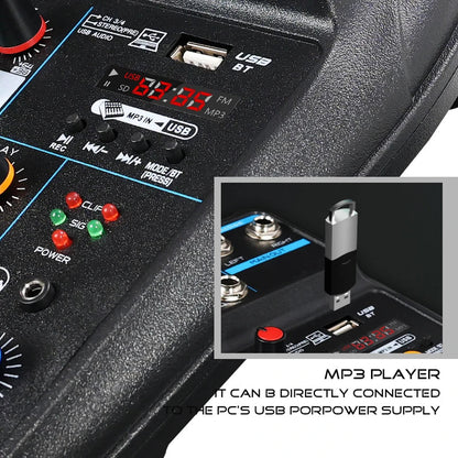 4 Channel DJ Mixer Console – Bluetooth, 48V Phantom Power, USB Audio Interface for Monitor & Karaoke System