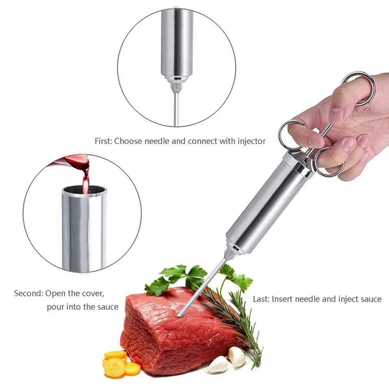Marinade Meat Seasoning Injector Kit - Stainless Steel Turkey Meat Injectors with 3 Needles - Cooking Syringe for Flavorful Meals