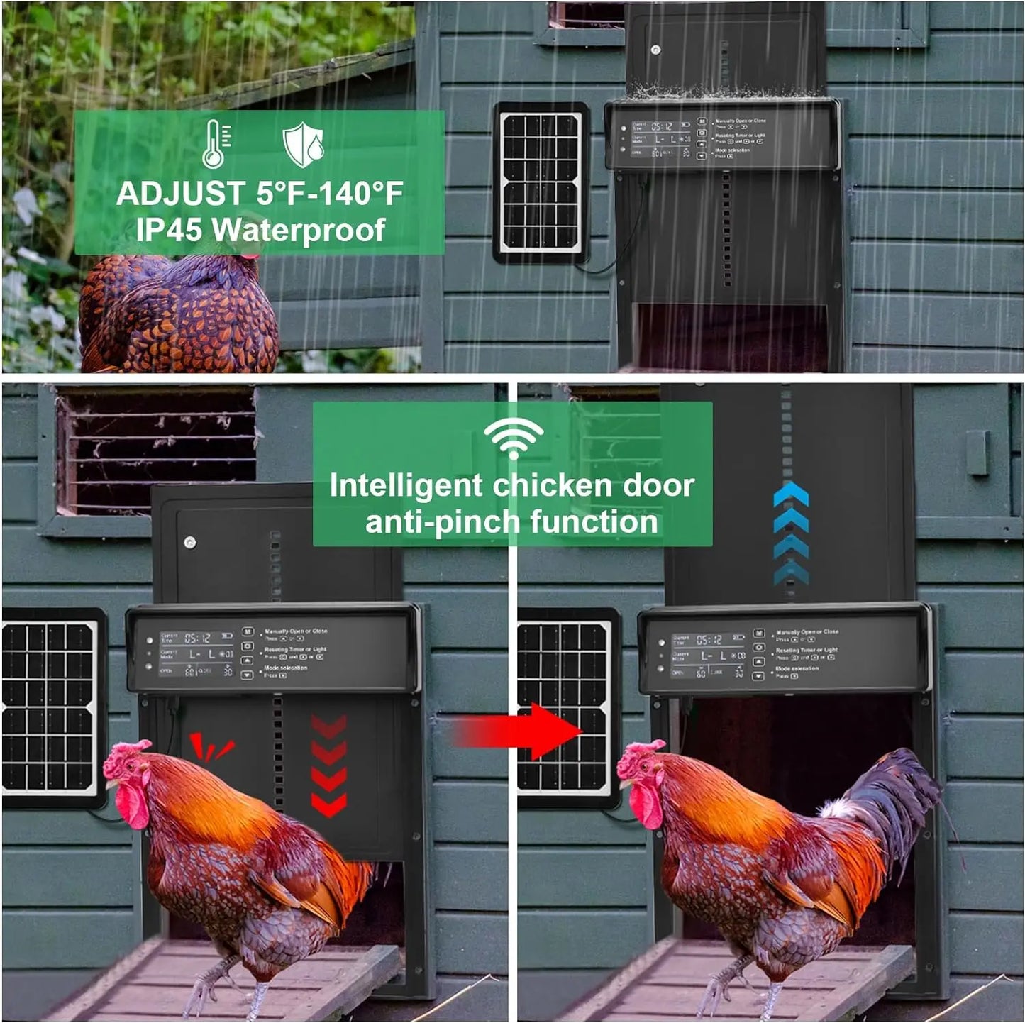 Solar-Powered Auto Chicken Coop Door – Automatic with USB Charging, 4 Modes, Timer & Light Sensor