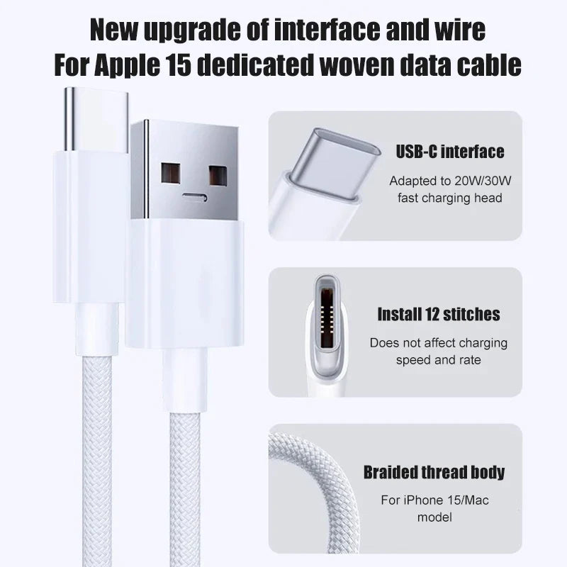 60W USB-C Fast Charging Cable for iPhone 15/16/17 Series – Braided Type-C to USB Data & Power Cable for Pro, Pro Max, Air & Plus Models