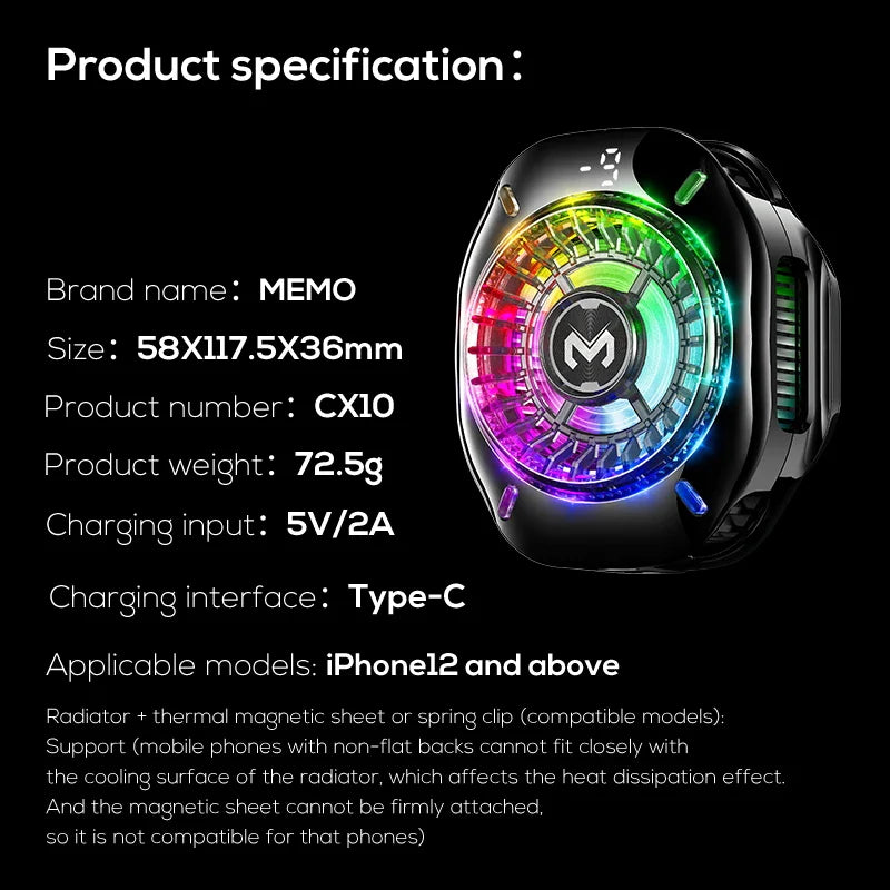 MEMO CX10 Semiconductor Phone Cooler – RGB Magnetic Clip-On Ice-Freezing Phone Cooling Fan for Gaming & Live Streaming Performance Boost