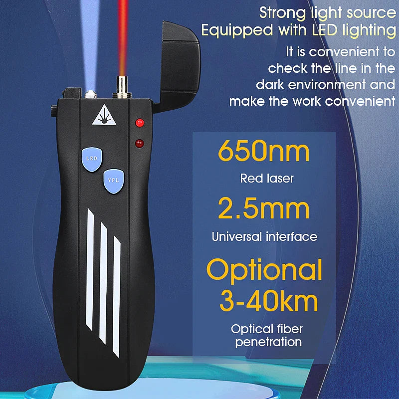 Rechargeable VFL Fiber Optic Cable Tester | Visual Fault Locator | Optional Power Levels (1/15/30/50mW) | Compatible with SC/FC/ST Connectors