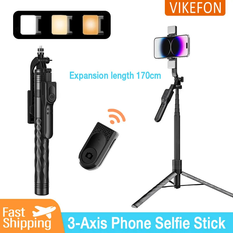 3-Axis Anti-Shake Selfie Stick with Bluetooth Remote – Retractable 1.7m Mobile Phone Holder with Flash & Live Stand