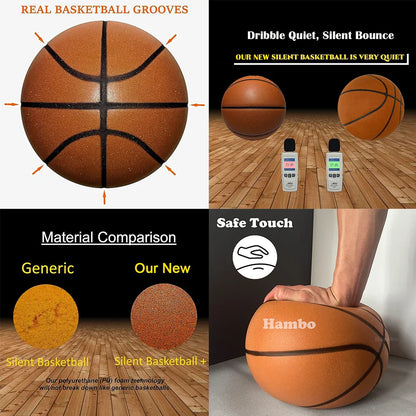 Silent Indoor Basketball – Airless Foam Dribbling Ball, Size 7/6/5 with Grooved Quiet Training Design