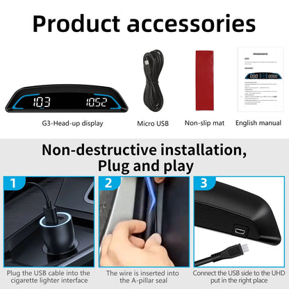 AD G3/B3 OBD2 GPS Head-Up Display – Smart Car HUD with Digital Speedometer, RPM, Water Temp, Clock & Security Alarm