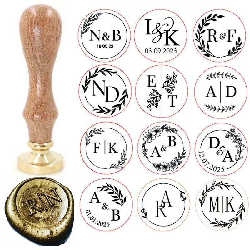 Custom Brass Wax Seal Stamp with 2 Initials & Wreath – Vintage Reusable DIY Wedding & Letter Stamp with Free Engraving