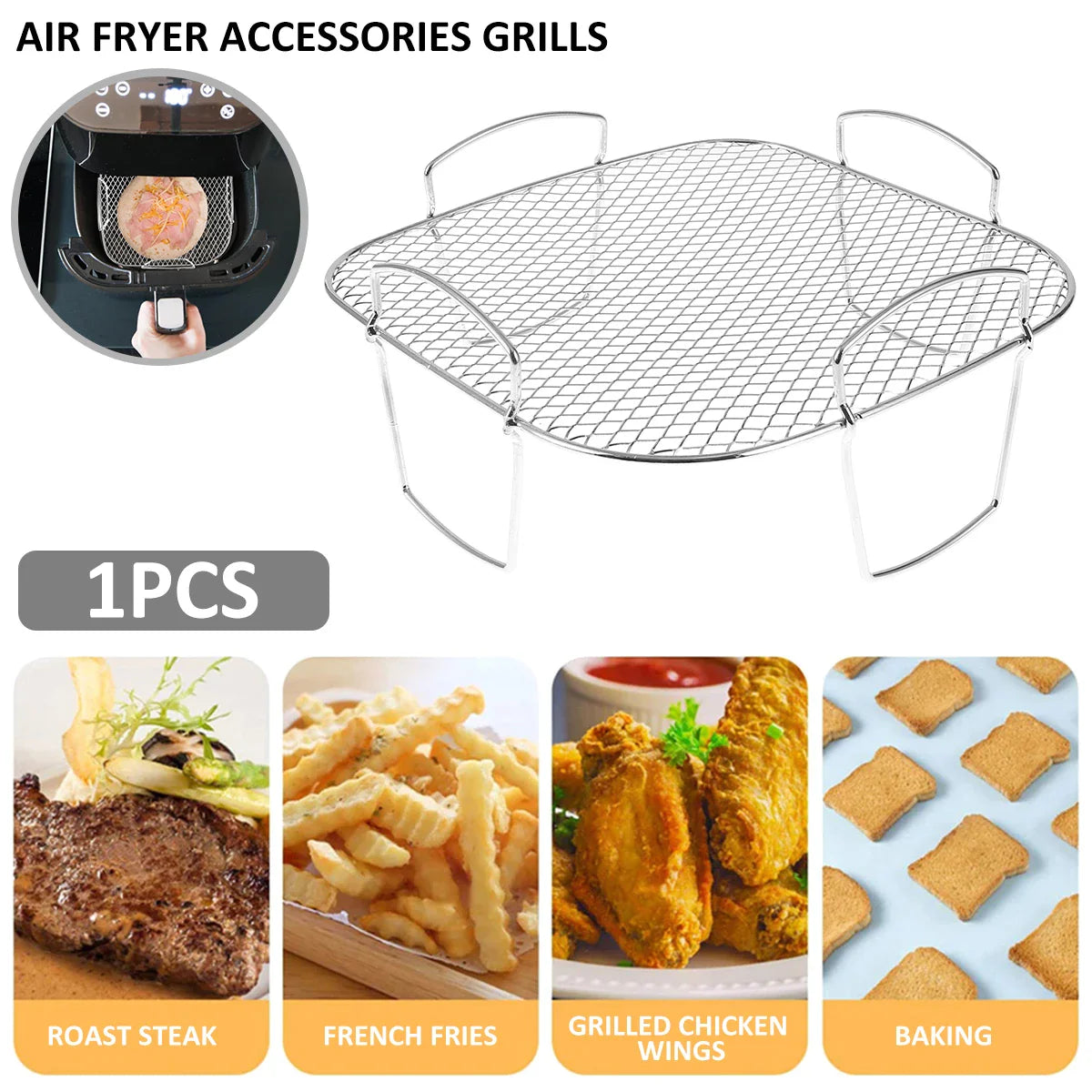 Stainless Steel Air Fryer Rack – Multi-Layer Stackable Grilling, Toast, BBQ Basket & Cooking Tray Accessory